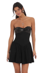 Sequin Strapless Fit and Flare Dress in Black