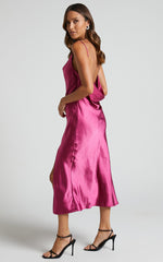 Sherrie Midi Dress - Cowl Neck Open Back Satin Dress in Berry