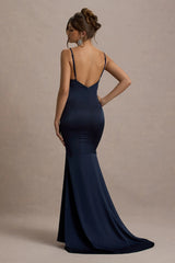 Made With Love | Navy Satin Strappy Fishtail Maxi Dress