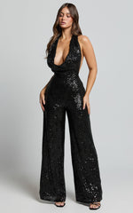 Julien Jumpsuit - Backless Wide Leg Cowl Neck Sequin Jumpsuit in Black