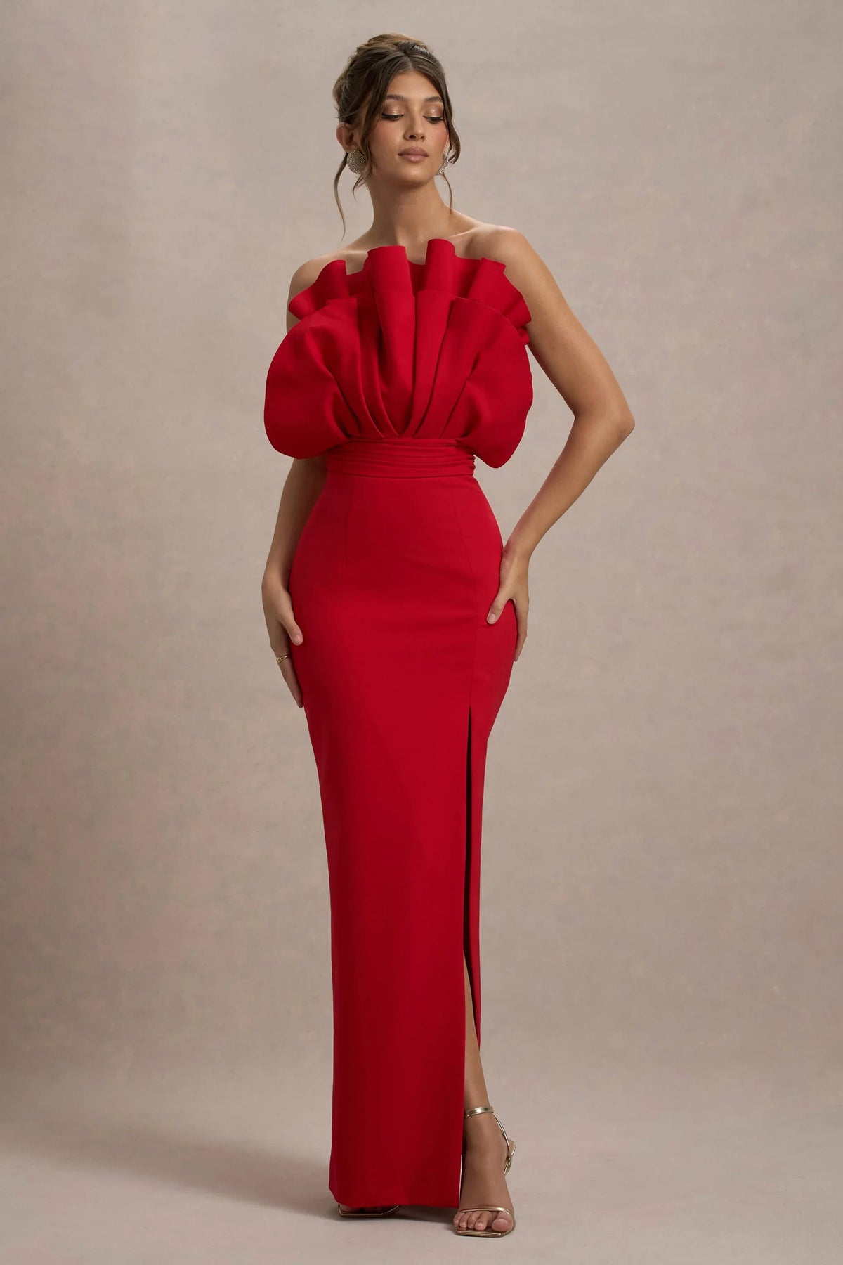Set The Bar | Red Ruffled Strapless Split Maxi Dress
