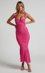 Kody Midi Dress - Bodycon Ruched Mesh Cut Out Dress in Hot Pink