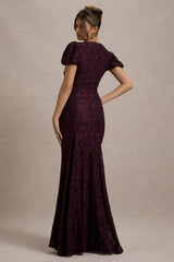 Elestria | Port Lace V-Neck Puff-Sleeve Maxi Dress