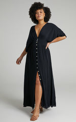 Sitting Pretty Maxi Dress - Short Sleeve Button Down Dress in Black