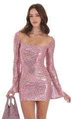 Sequin Long Sleeve Bodycon Dress in Pink