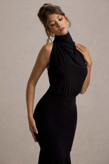 Prianyka | Black High-Neck Draped Midi Dress