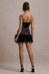 Vampira | Black Satin Corset Feather Mini Dress