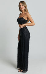 Claudette Pants - High Waist Wide Leg Fringe Sequin Pants in Black