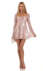 Sequin Flare Dress in Rose Gold