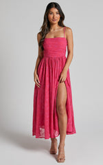 Adina Midi Dress - Embroidered Strappy Straight Neck Ruched Bodice Dress in Pink