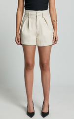 Nami Shorts - High Waisted Pleated Tailored PU Shorts in Bone