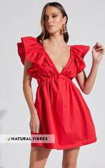Raiza Mini Dress - Ruffle Sleeve Tie Back Plunge Dress in Red