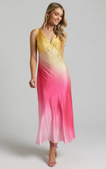 Erika Midi Dress - V Neck Satin Slip Dress in SUNSET OMBRE