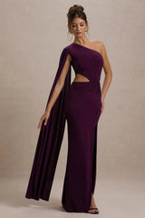 Brona | Plum One-Shoulder Cape-Sleeve Split Maxi Dress