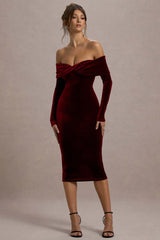 Compliment | Berry Velvet Bardot Midi Dress