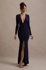 Aluna | Navy Plunge-Neck Twisted Split Maxi Dress