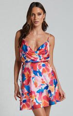 Davian Mini Dress - Cowl Neck Strappy in Pink Floral