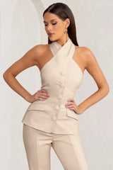 Remi | Stone Cross Halter Neck Tailored Sleeveless Blazer Top