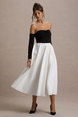 Solada | Black & Cream Bardot Pleated Midi Dress