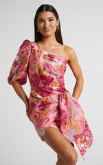 Brailey Mini Dress - One Shoulder Puff Sleeve Dress in Pink Jacquard