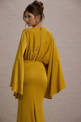 Zuzanna | Mustard Draped Maxi Dress With Cape Sleeves