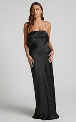 Arichie Maxi Dress - Cowl Back Diamante Strap Satin Dress in Black