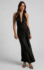 Aiyana Midi Dress - Halter Neck Satin Dress in Black