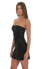 Strapless Sequin Floral Bodycon Dress in Black