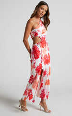 Leanora Maxi Dress - Side Cut Out One Shoulder Satin Dress in White Floral