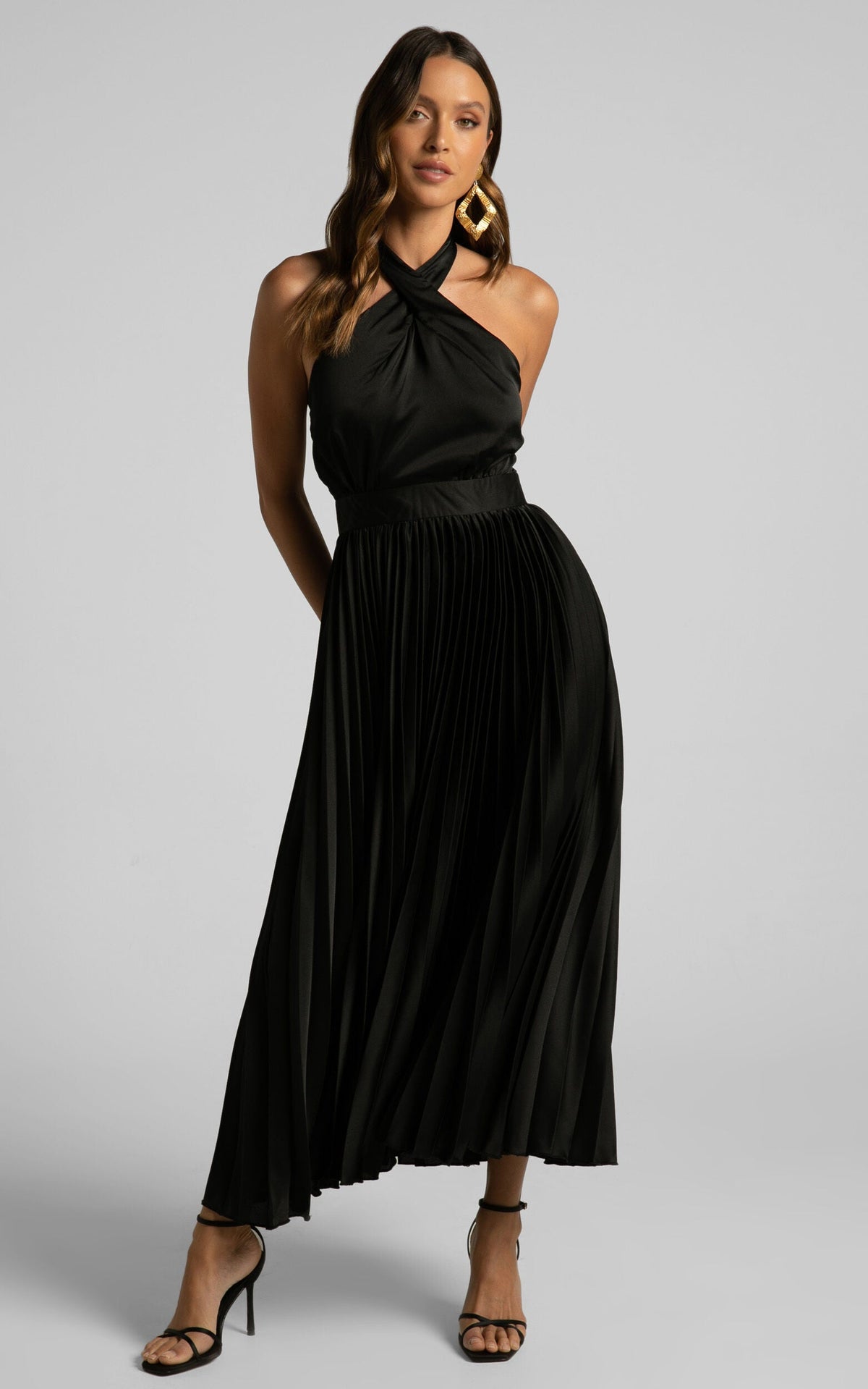 Eloise Midi Dress - Halter Neck Pleated Dress in Black