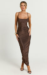 Roma Midi Dress - Ruched Cowl Neck Dress in Chocolate Lurex