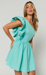 Brodie Mini Dress - One Shoulder Frill Dress in Green