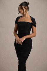 Paxos | Black Ruched Short-Sleeve Midi Dress