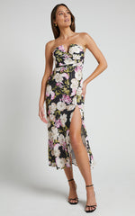 Janise Midi Dress - V Neck Wrap Top Detail Thigh Split Dress in Midnight Floral