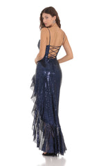 Sequin Ruffle Dress in Navy