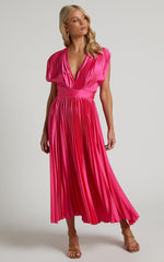Della Midi Dress - Plunge Neck Short Sleeve Pleated Dress in Hot Pink