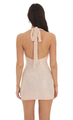 Iridescent Sequin Halter Dress in Champagne Cream