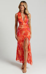 Annie Midi Dress - Wrap Front Ruffle Detail Dress in Orange Floral