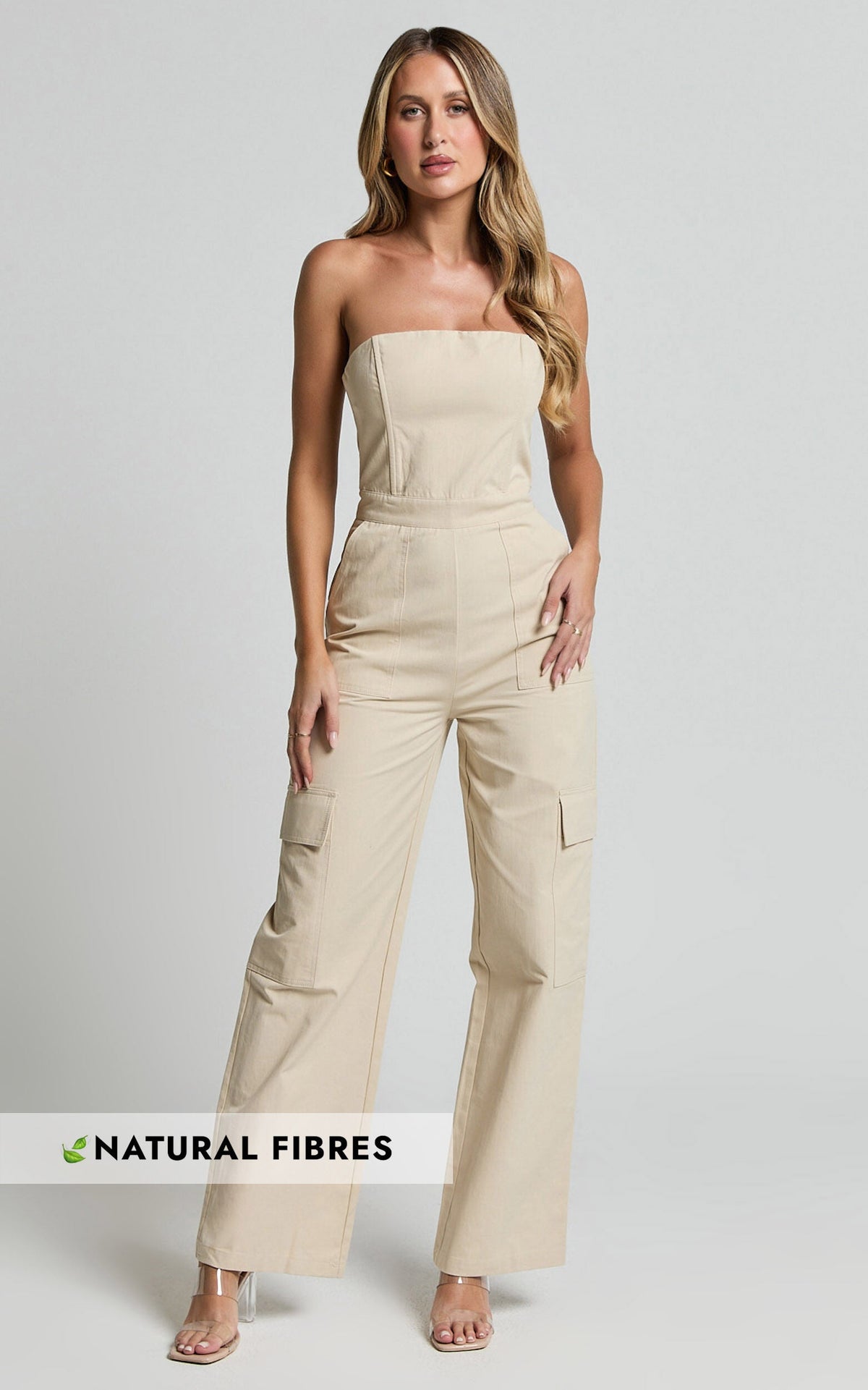 Nellia Jumpsuit - Strapless Straight Leg Cargo Jumpsuit in Stone