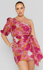 Brailey Mini Dress - One Shoulder Puff Sleeve Dress in Pink Jacquard