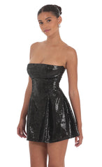 Sequin Strapless Fit and Flare Dress in Black