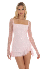 Sequin Long Sleeve Dress in Pink