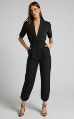 Coco Jumpsuit - Collared Short Sleeve Straight Leg Jumpsuit in Black