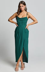 Andrina Midi Dress - High Low Wrap Corset Dress in Forest Green