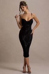 Whitney | Black Velvet Floral Strappy Sweetheart Midi Dress