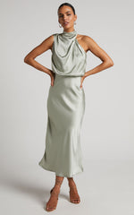 Minnie Midi Dress - Drape Neck Satin Slip Dress in Sage