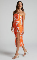 Brailey Midi Dress - Thigh Split Strapless Dress in Orange & White Jacquard