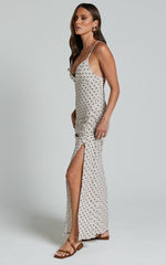 Audrey Midi Dress - V Neck Cross Back Slip Dress in Cream / Brown Geo