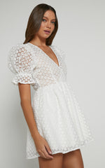 Freya Mini Dress - Puff Sleeve V Neck A Line Dress in White