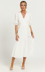 Junmae Midi Dress - Tiered Waffle Wrap Dress in Ivory